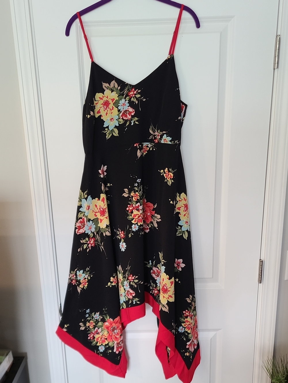 Lulu's Black Floral Handkerchief Hem Midi Dress with Red Trim